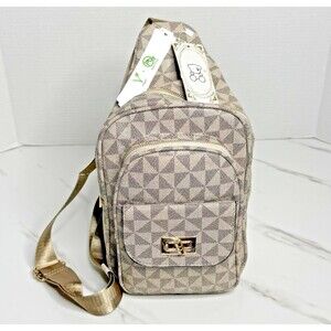 Vegan Sling Backpack Crossbody Geometric Pattern Lead-Free Shoulder Bag in Taupe